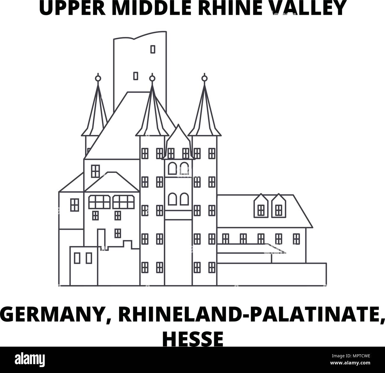 Allemagne, Rhénanie-Palatinat, Hesse, Vallée du Haut-Rhin moyen icône ligne concept. Allemagne, Rhénanie-Palatinat, Hesse, Vallée du Haut-Rhin moyen vecteur linéaire signe, symbole, l'illustration. Illustration de Vecteur