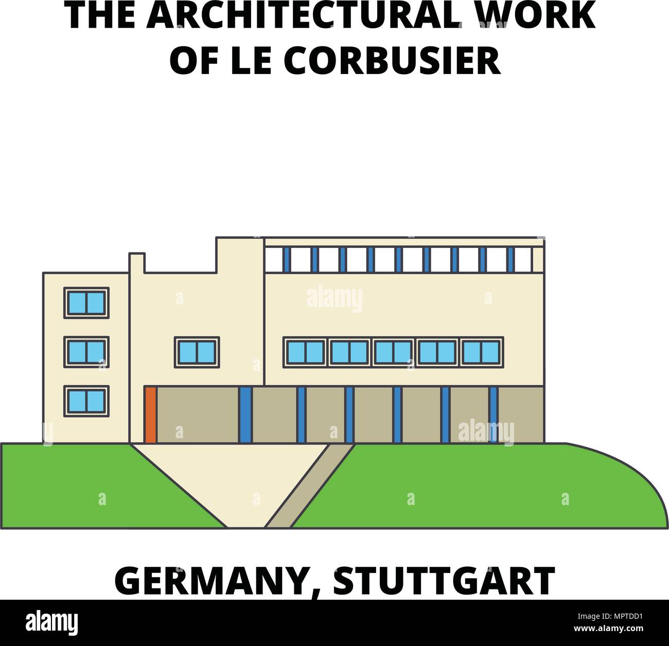 Allemagne, Cologne, l'oeuvre architecturale de Le Corbusier icône ligne concept. Allemagne, Cologne, l'oeuvre architecturale de Le Corbusier télévision affiche, symbole vecteur, illustration. Illustration de Vecteur