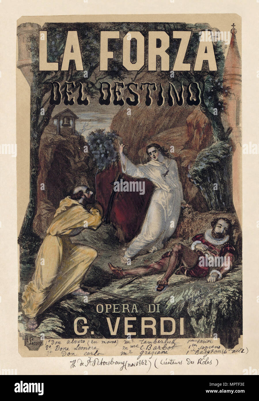 Affiche pour l'opéra La forza del destino de Giuseppe Verdi, c. 1870. Banque D'Images