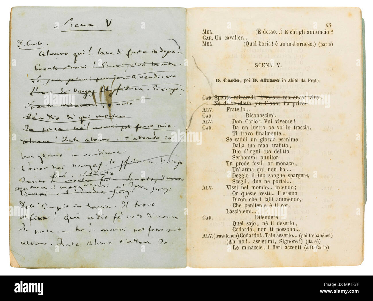 Livret de l'opéra La forza del destino par F. M. Piave, révisée par le compositeur, 1863. Banque D'Images