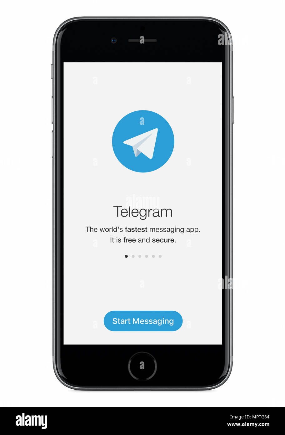 L'écran de lancement messenger télégramme télégramme avec logo sur Apple iPhone 8 noir. Banque D'Images