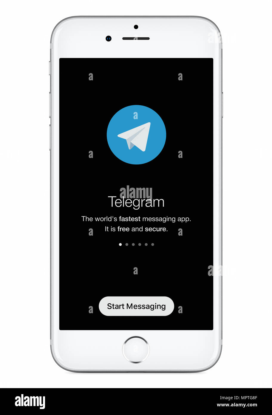 L'écran de lancement messenger télégramme télégramme avec logo sur Apple iPhone 8 blanc. Banque D'Images