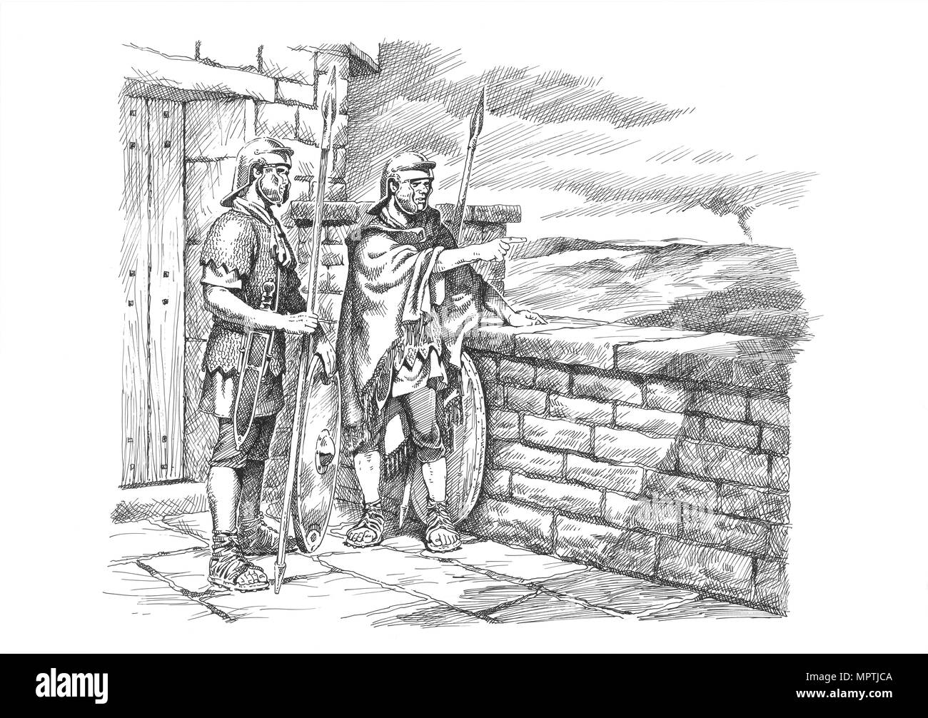 Soldats romains regardant la frontière du mur d'Hadrien, c1985-c2000. Artiste : Philip Corke. Banque D'Images