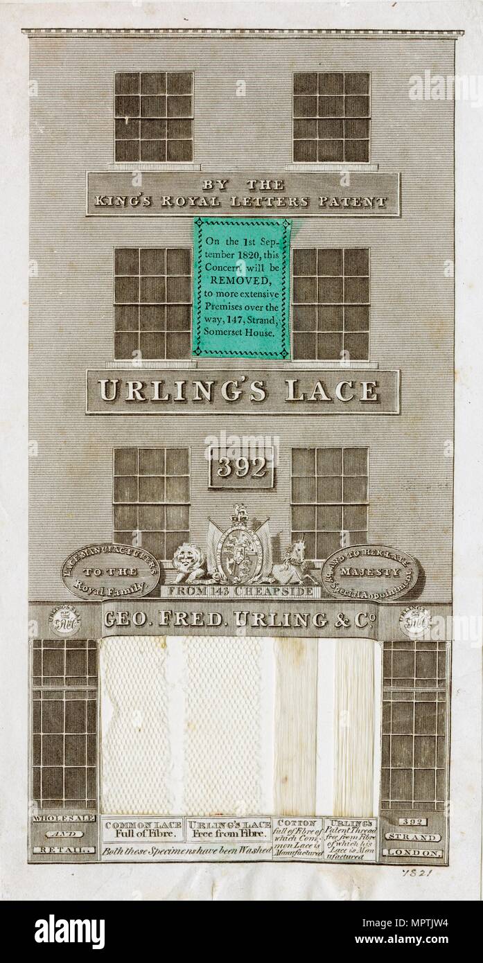 L'annonce d'Urling dentelle, Londres, 1820. Artiste : Inconnu. Banque D'Images