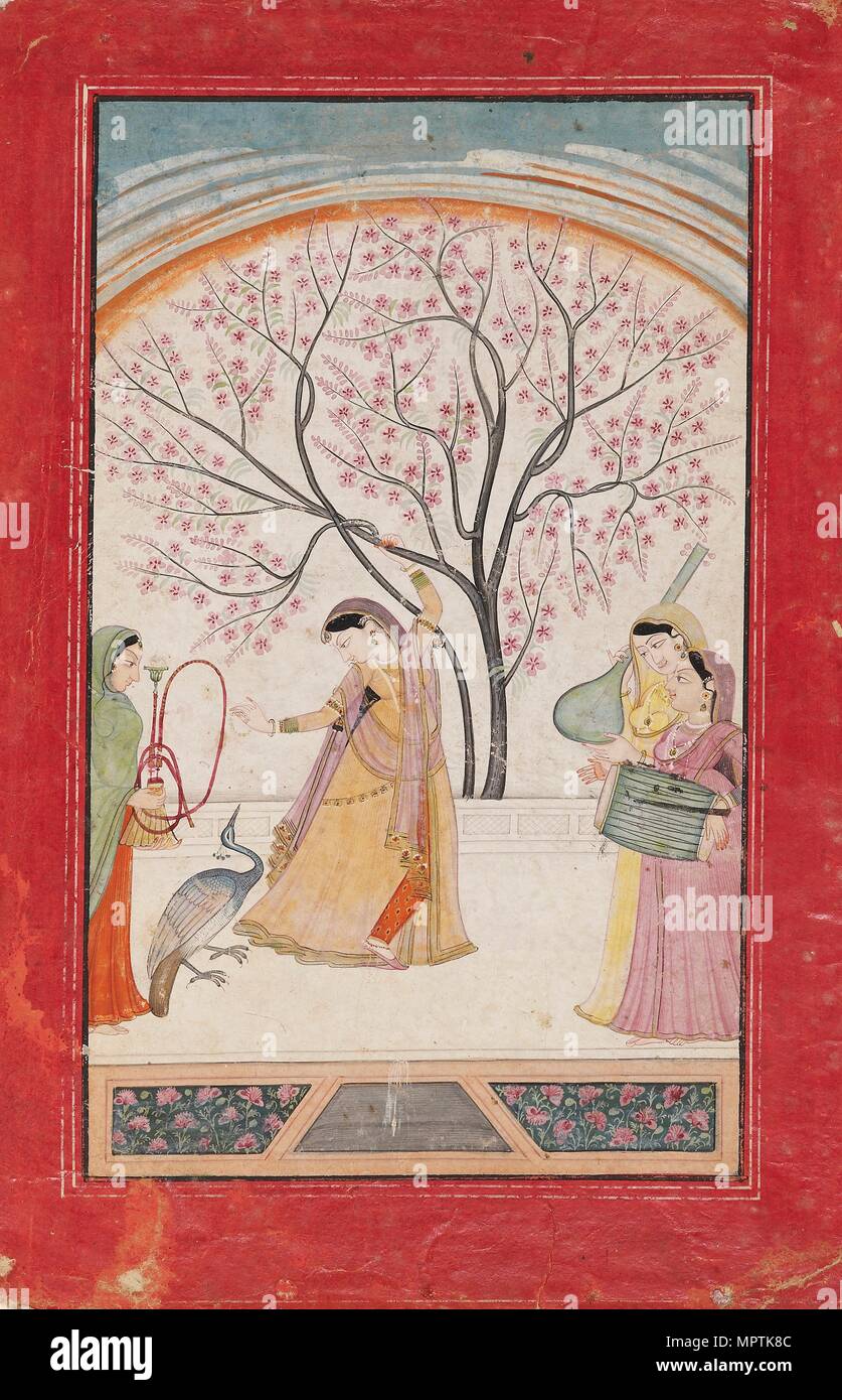 Dame sur terrasse avec une branche d'arbre, Peacock, femme de chambre, et deux musiciens, fin du 18e-début du 19ème siècle : l'artiste inconnu. Banque D'Images
