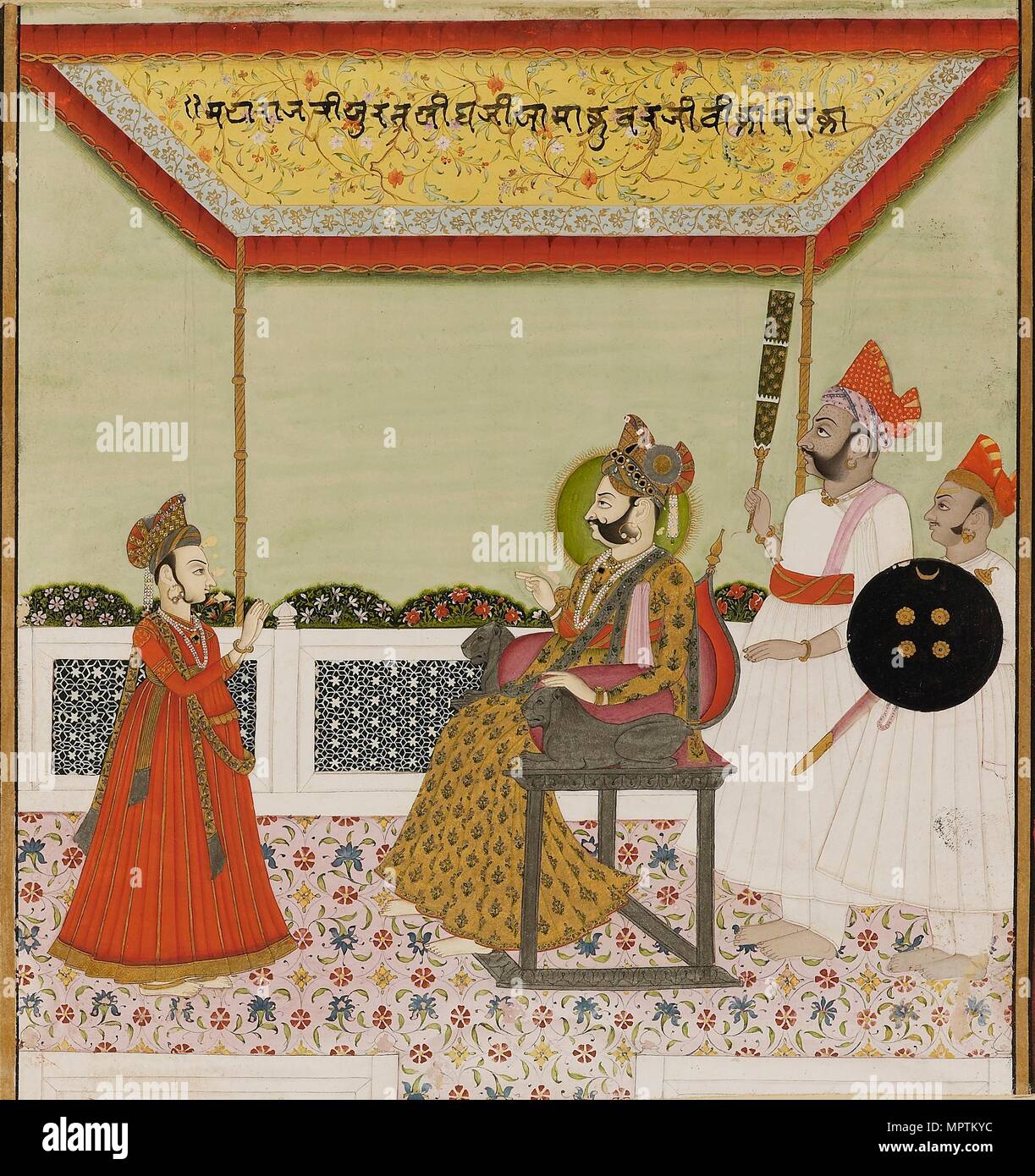 Surat Singh est assise sur un trône de lion armé et reçoit son jeune fils, c1800. Artiste : Inconnu. Banque D'Images