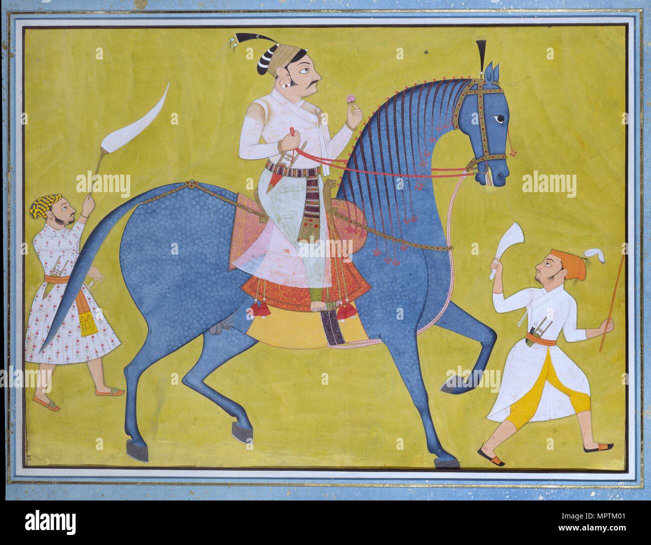 Maharaja Pratap Singh de Sawar équestre, avec deux accompagnateurs à pied, c1700. Artiste : Inconnu. Banque D'Images
