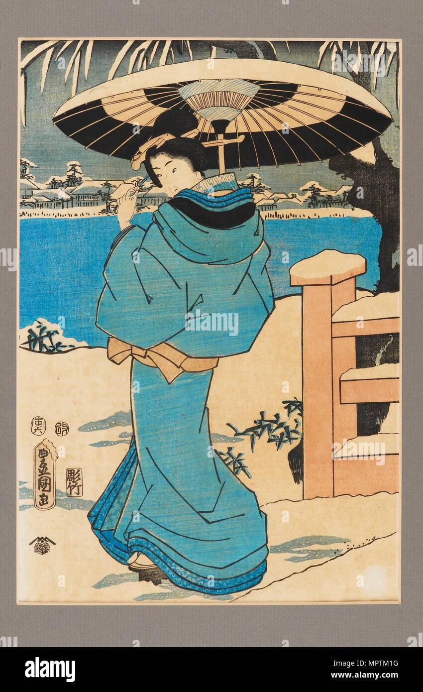 L'Ukiyo-e imprimer - une femme tenant un peigne, c du xixe siècle. Artiste : Kitagawa Utamaro. Banque D'Images