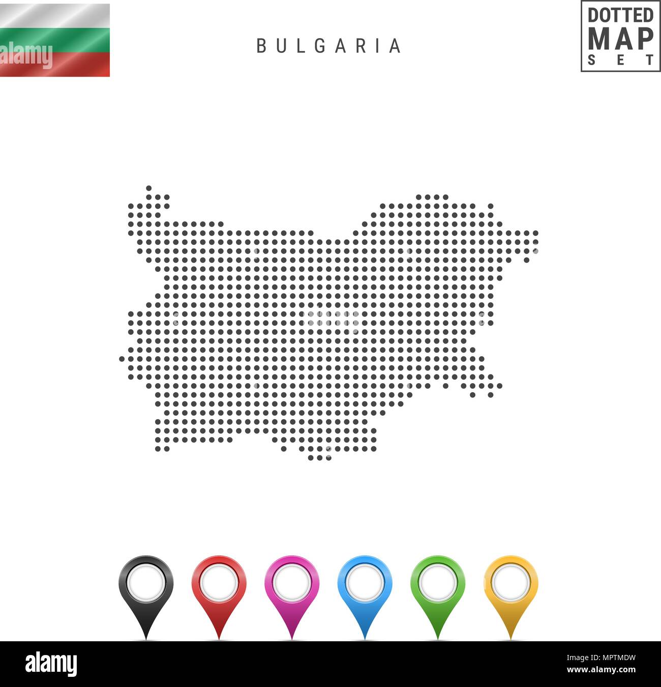 La carte à points vecteur de la Bulgarie. Silhouette simple de la Bulgarie. Drapeau national de la Bulgarie. Ensemble de marqueurs carte multicolore Illustration de Vecteur