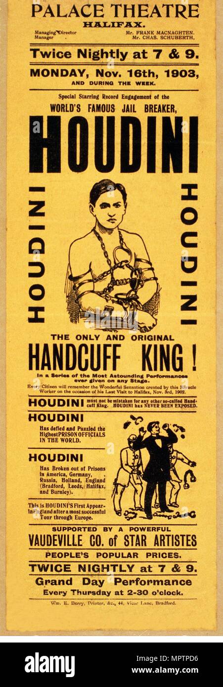 Playbill pour comparution de Houdini au Palace Theatre, Halifax,pub. Lithographie (1903) Banque D'Images