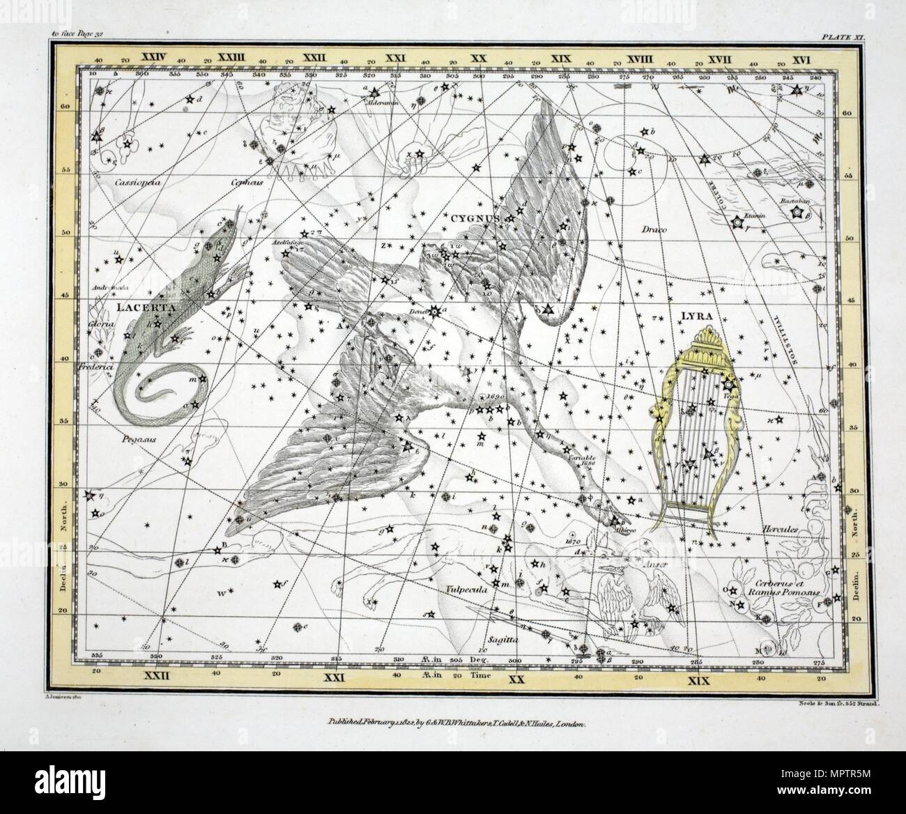 Les constellations (Planche XI) Cygnus, Lacerta et Via Lactea, 1822. Banque D'Images