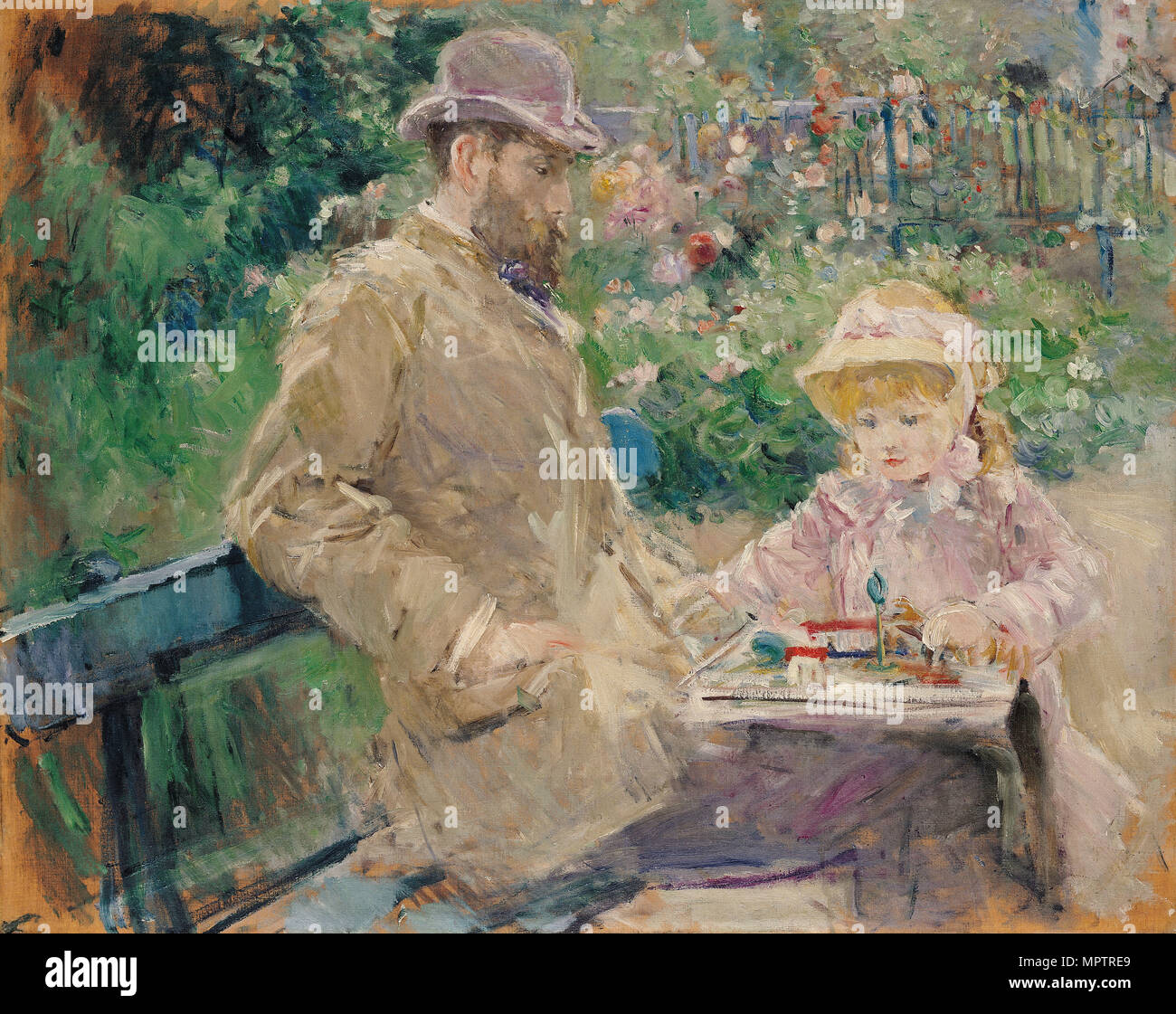 Eugène Manet et sa fille dans le jardin à Bougival. Banque D'Images