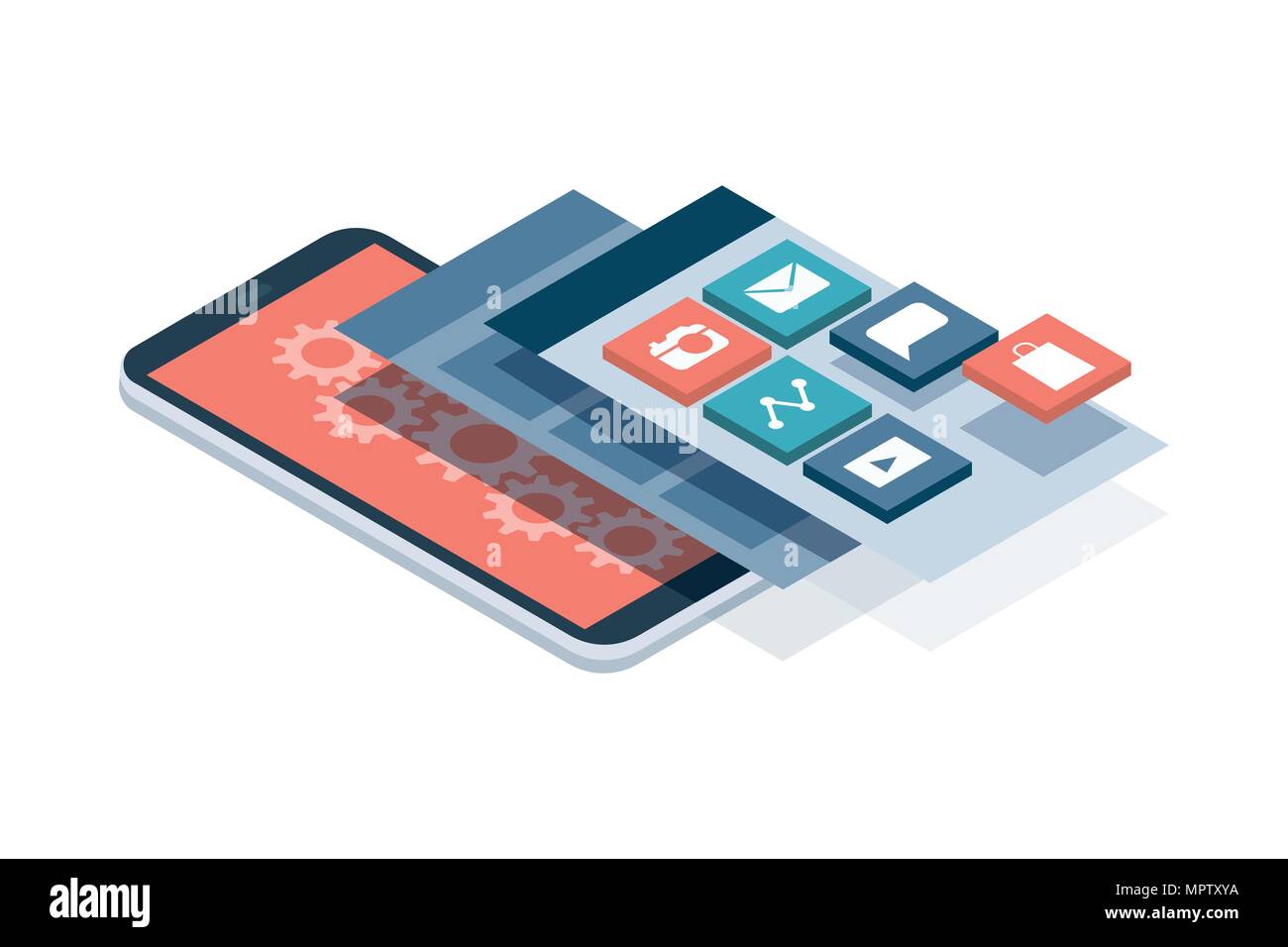 Développement d'applications et web design : des interfaces utilisateur en couches et écrans sur un smartphone à écran tactile Illustration de Vecteur