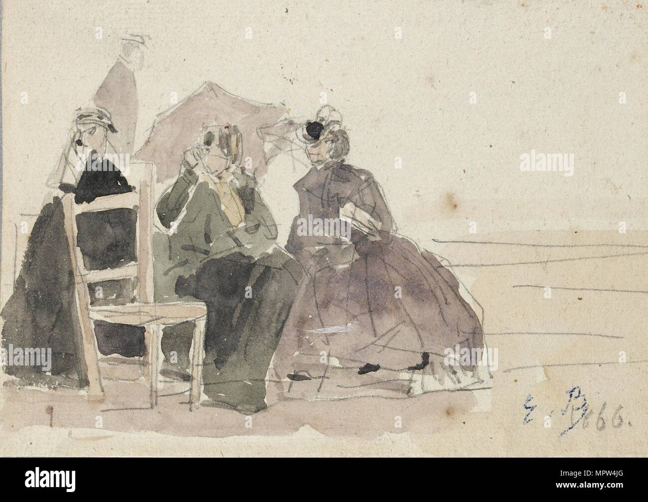 Trois femmes assises sur des chaises sur une plage, fin du xixe siècle. Artiste : Louis Eugène Boudin. Banque D'Images