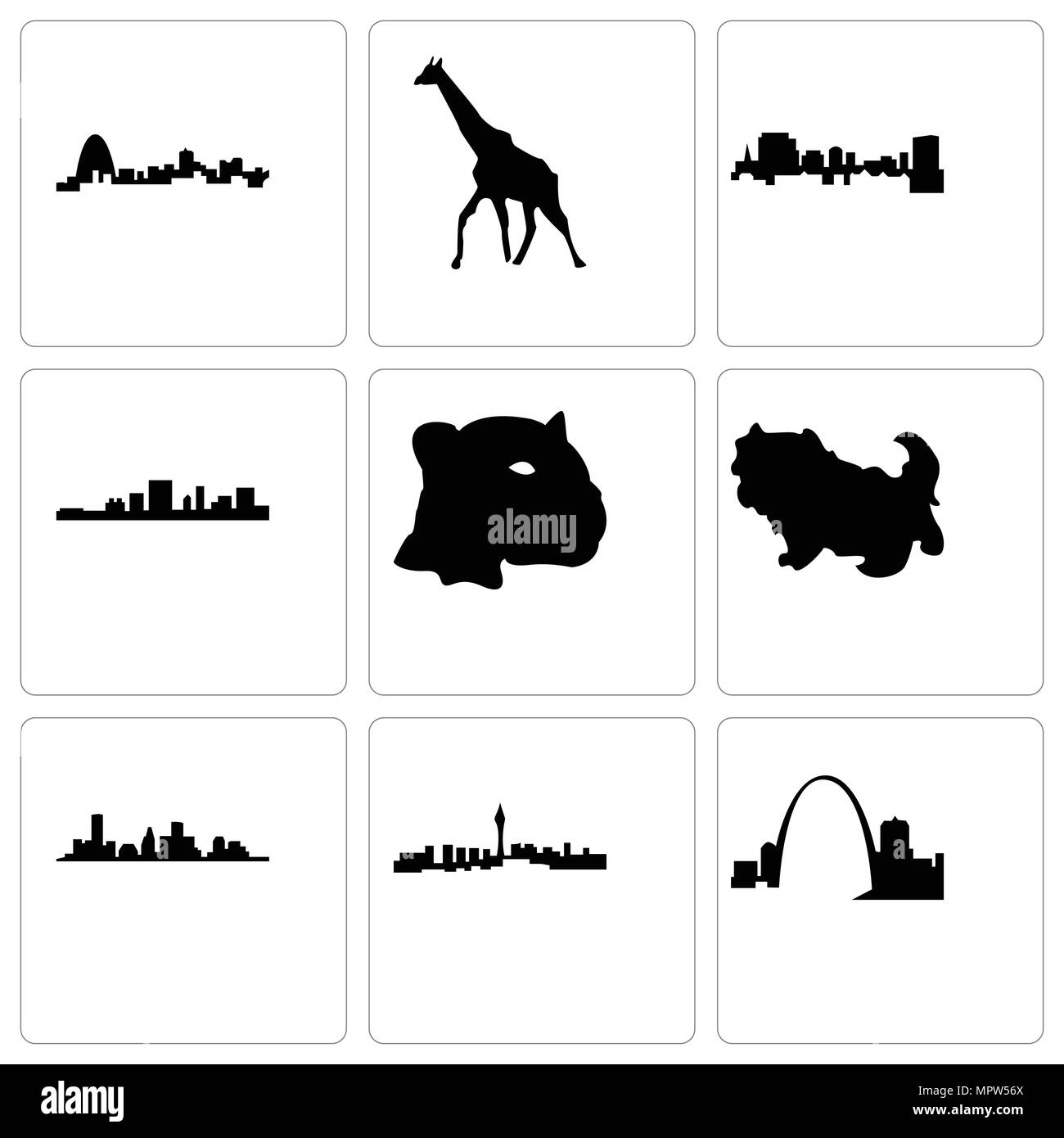 Ensemble de 9 icônes modifiable simple tels que New York, Las Vegas, Houston, shih tzu, jaguar visage, Caroline du Sud, girafe, peut être utilisé pour le mobile, web Illustration de Vecteur