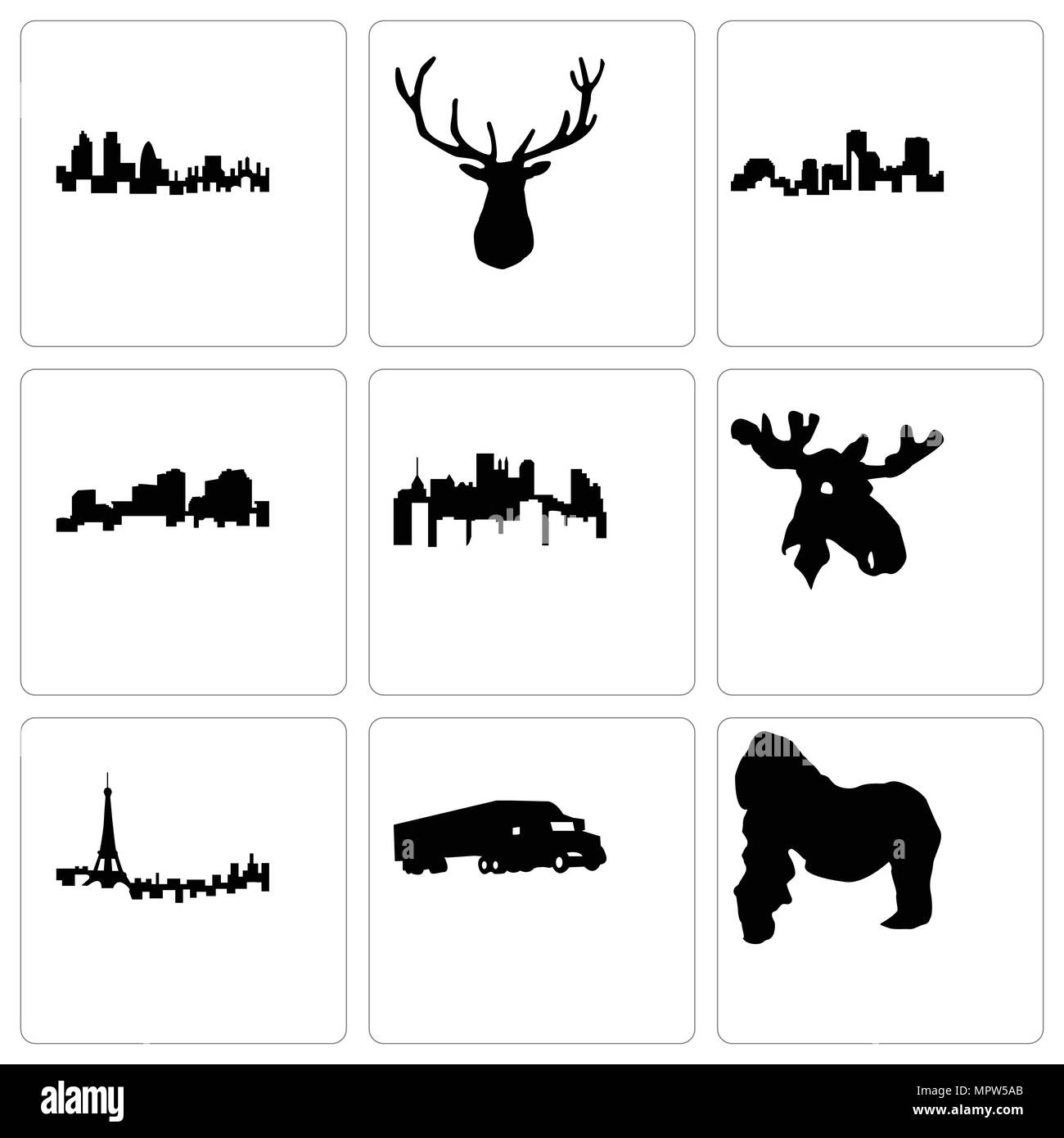 Ensemble de 9 icônes modifiable simple comme le gorille, semi truck, Paris, l'orignal, chef de l'Etat de Pennsylvanie, en Louisiane, le wapiti, Londres peut être utilisé pour le mobile, web Illustration de Vecteur
