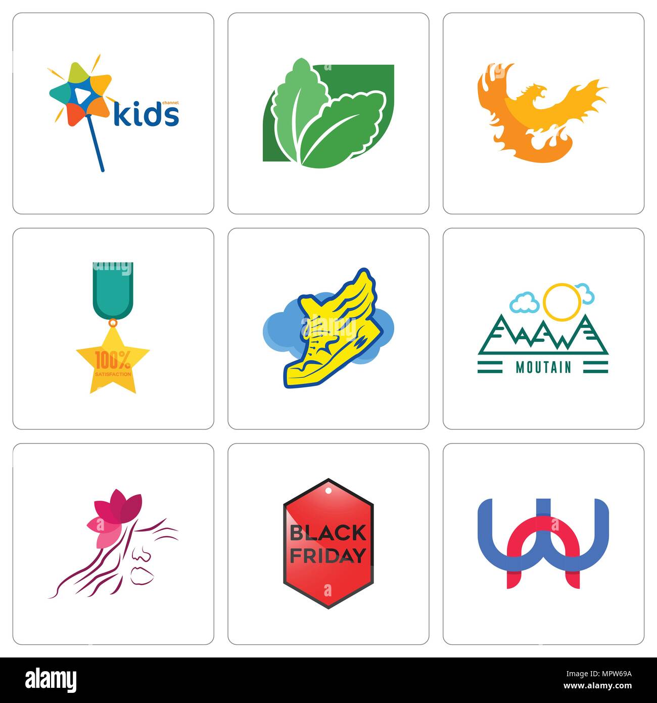 Ensemble de 9 icônes modifiable simple comme wn, vendredi noir, salon, montagne, chaussure avec ailes, 100 % de satisfaction, Phoenix, stevia, mini chaîne, peut être u Illustration de Vecteur