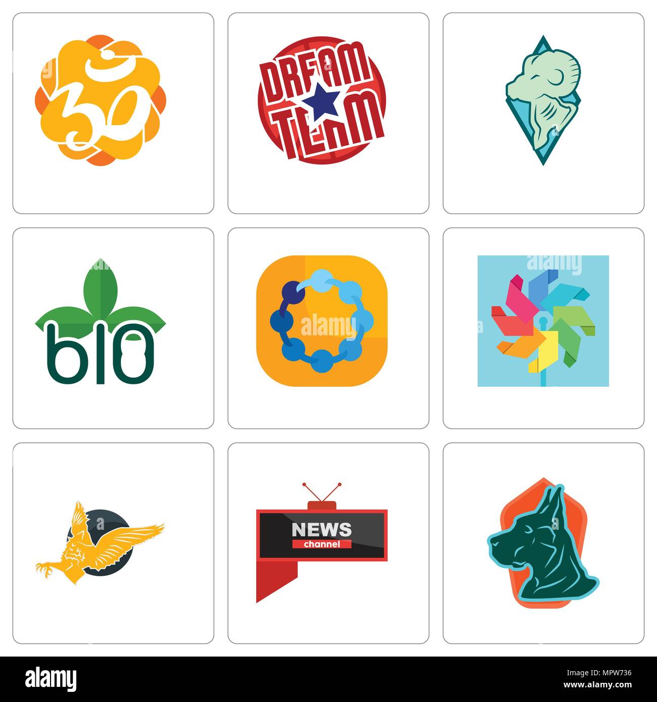 Ensemble de 9 icônes modifiable simple comme le grand danois, toutes les news Channel, gryphon, colorent, teamspirit, biodégradable, béliers, dream team, AUM, peuvent être utilisés Illustration de Vecteur