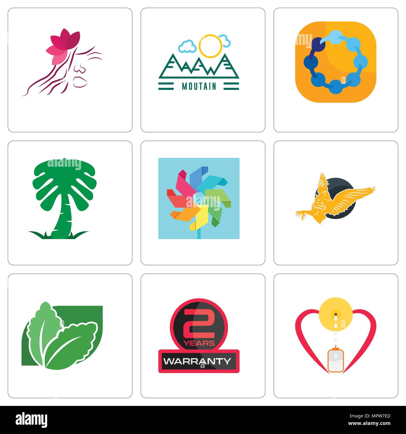 Ensemble de 9 icônes modifiable simples tels que l'allaitement, 2 ans de garantie, stevia, gryphon, colorent, Arabie palm, teamspirit, moutain, salon, peut être de nous Illustration de Vecteur
