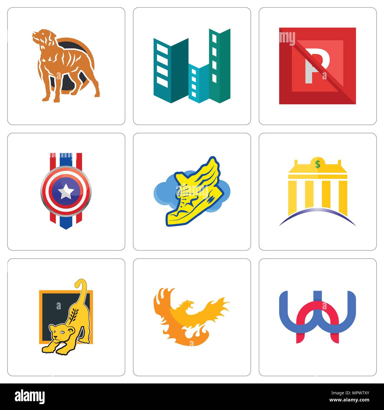 Ensemble de 9 icônes modifiable simple comme wn, Phoenix, lion cub, banque, service avec des ailes, Captain America, pas de parking, construction, rottweiler, peut être u Illustration de Vecteur