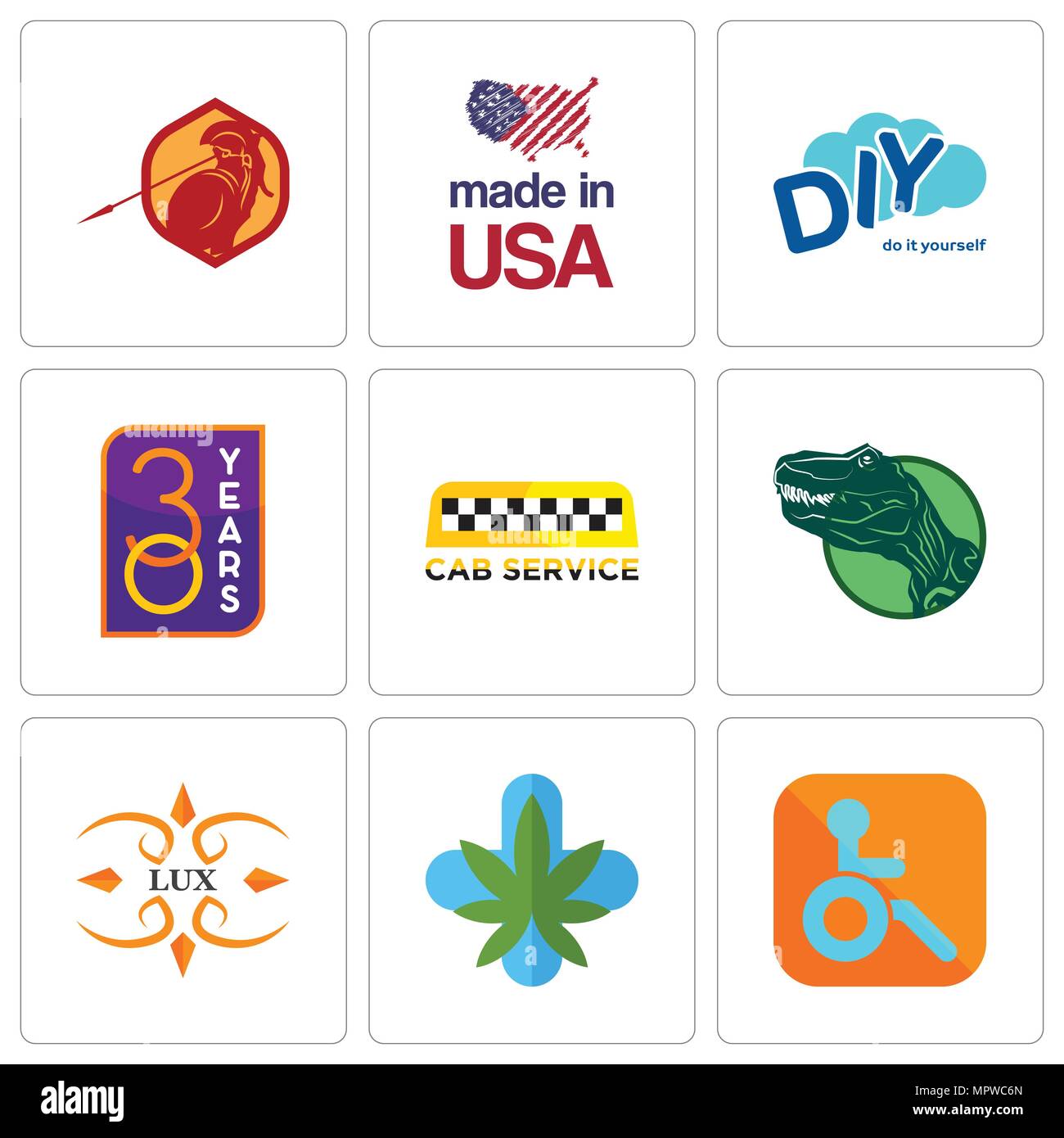 Ensemble de 9 icônes modifiable simple comme handicapés, la marijuana médicale, lux, Dino, CAB, 30 ans, diy, made in USA, sparte, peut être utilisé pour mobi Illustration de Vecteur