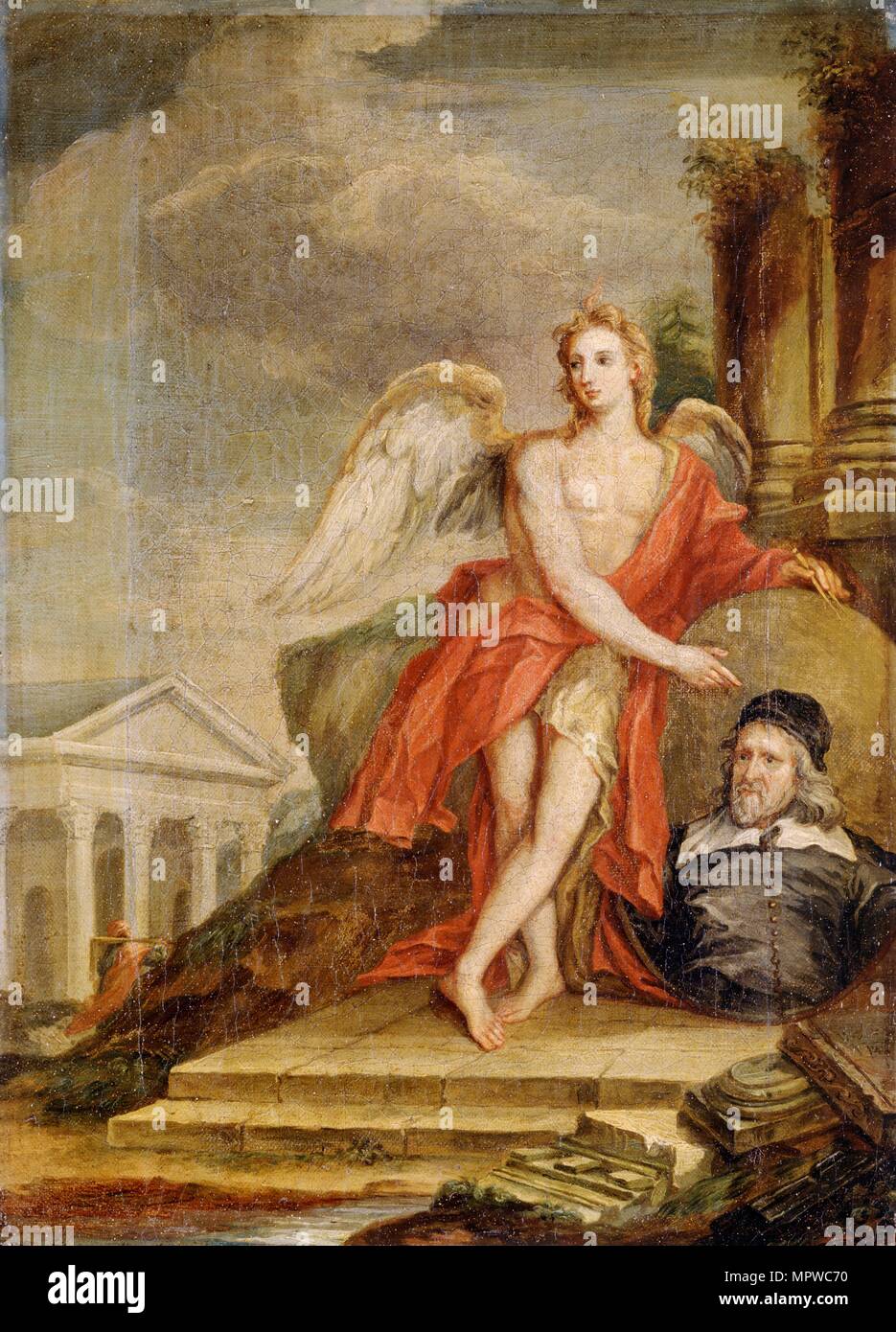 "Le génie de l'architecture tenant un portrait d'Inigo Jones', 18e siècle. Artiste : William Kent. Banque D'Images