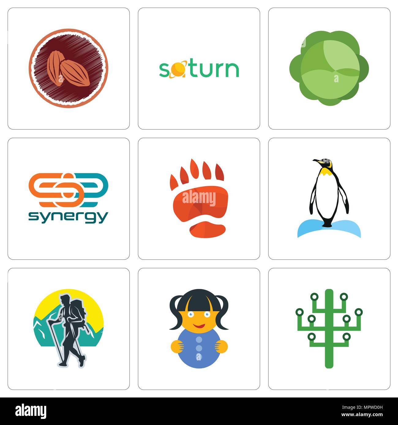 Ensemble de 9 icônes modifiable simple tels que les arbre, doll, trekking, Penguin, patte d'ours, de synergie, de choux, de Saturne, cacao, peut être utilisé pour le mobile, web Illustration de Vecteur