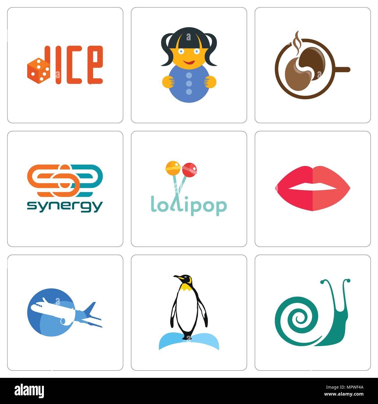 Ensemble de 9 icônes modifiable simple comme les escargots, Penguin, avion, lèvres, sucette, synergie, café, poupée, dés, peut être utilisé pour le mobile, web Illustration de Vecteur