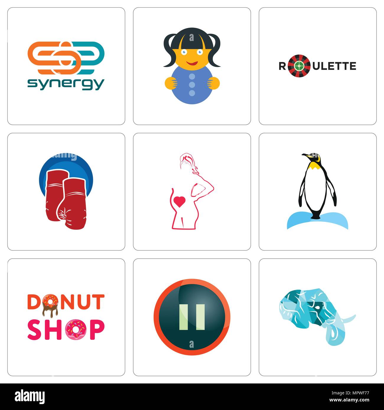 Ensemble de 9 icônes modifiable simple comme la tête d'éléphant, pause, beignerie, Penguin, maternité, gants de boxe, la roulette, poupée, synergie, peut être utilisé pour le m Illustration de Vecteur