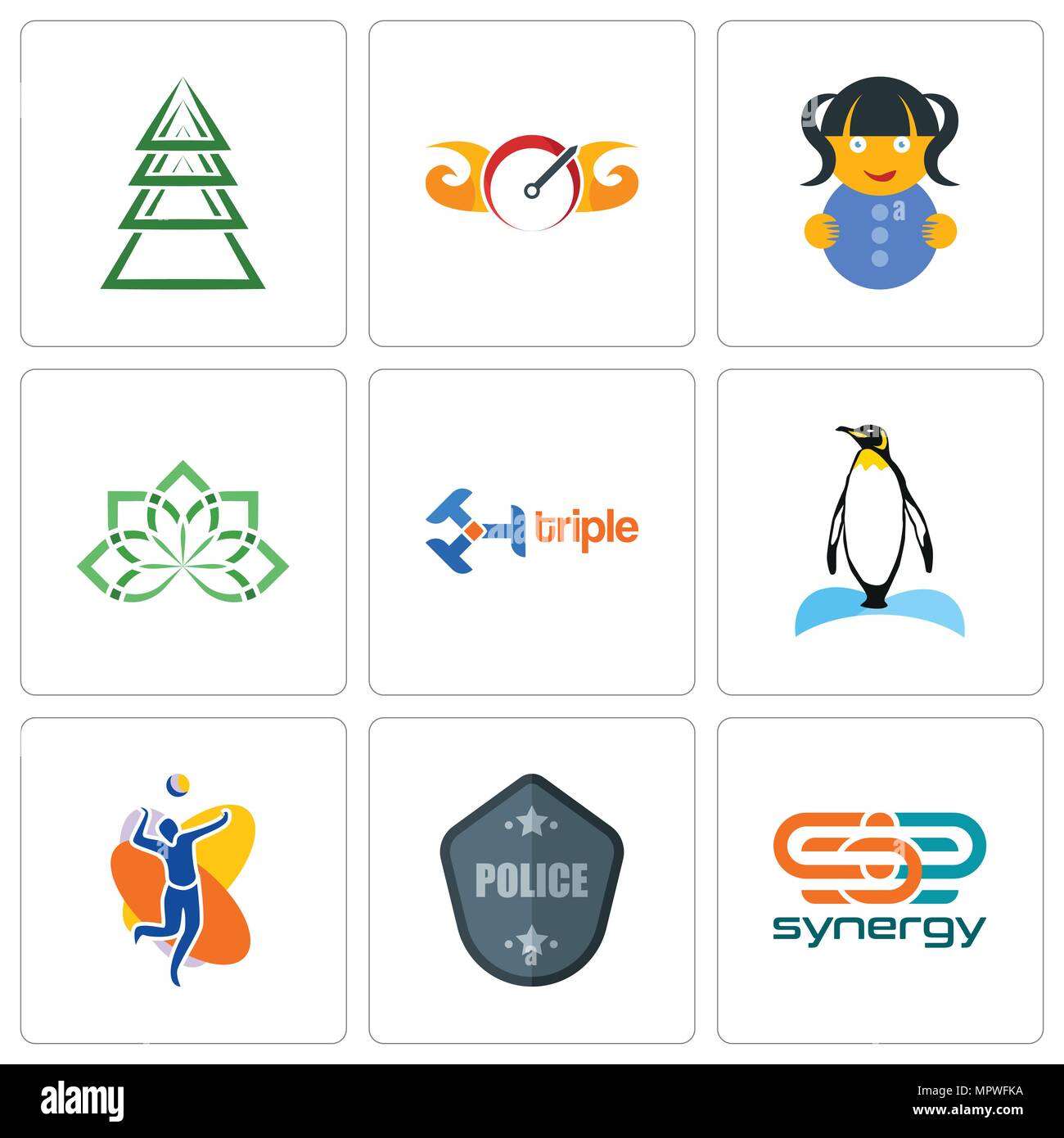 Ensemble de 9 icônes modifiable simple tels que la synergie, l'insigne de police, l'équipe de volley-ball, Penguin, triple, holistique, doll, indicateur de vitesse, jamais, l'arbre peut être utilisé fo Illustration de Vecteur