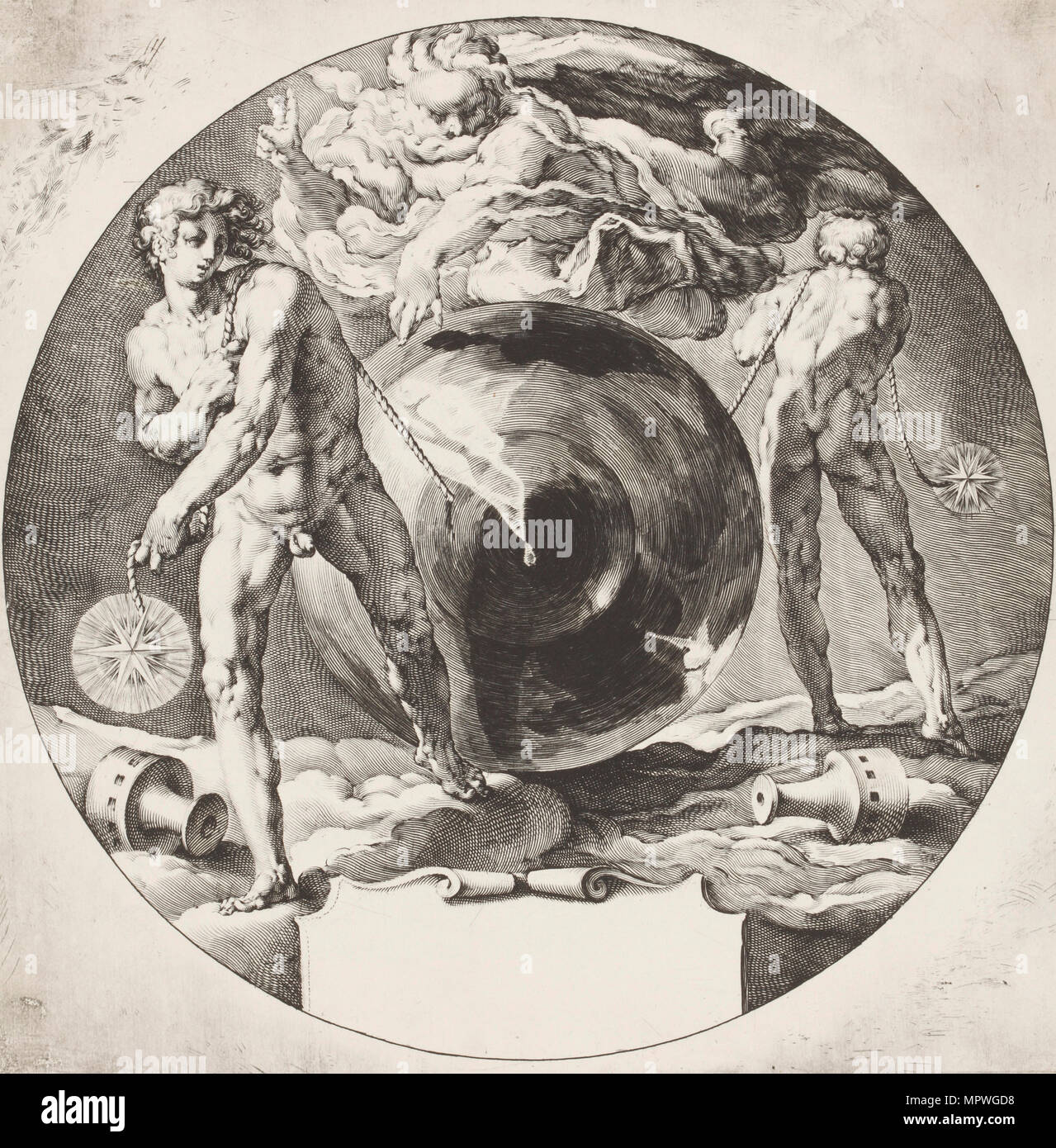 Dieu crée le ciel et la terre d'une sphère représentant le chaos informe. Dans la série La Creatio Banque D'Images