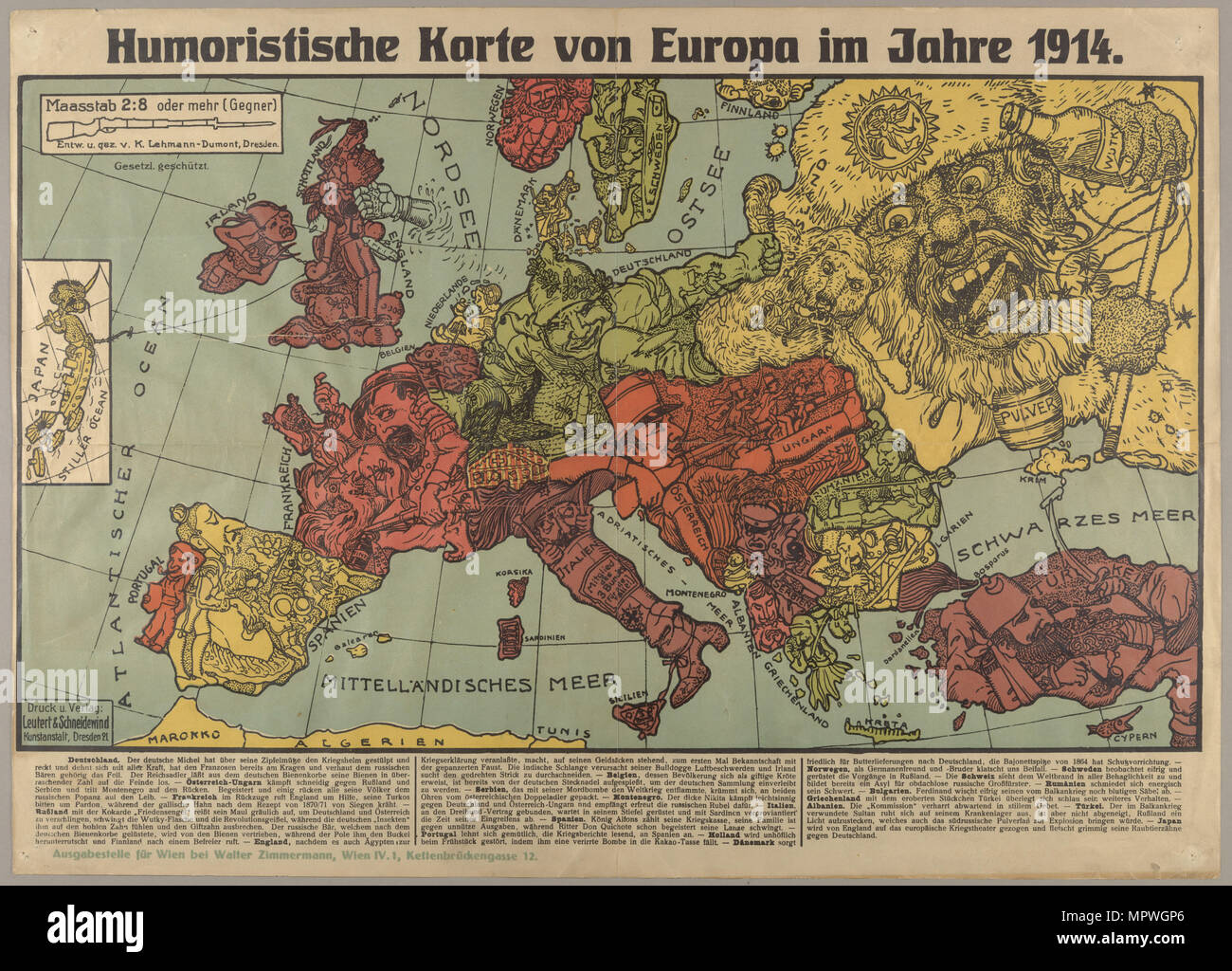 Carte de l'Europe d'humour en 1914, 1914. Banque D'Images