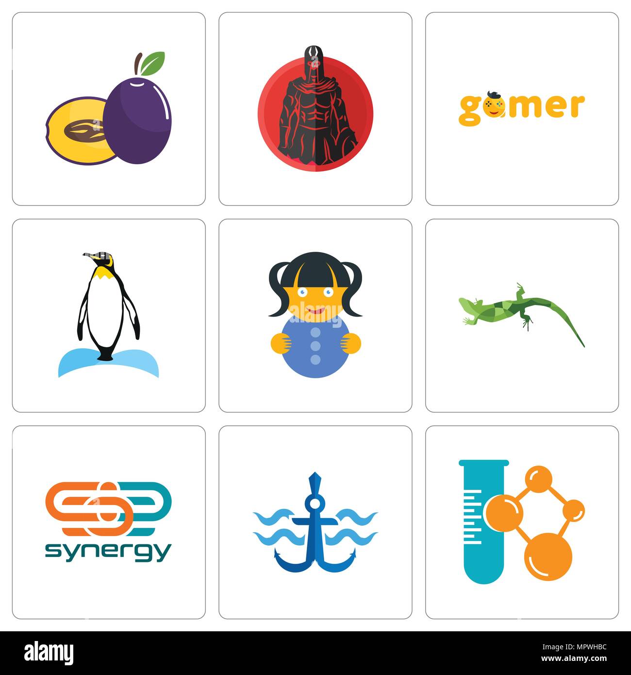 Ensemble de 9 icônes modifiable simple comme Chemical Company, ancre de marine, synergie, lézard, doll, Penguin, gamer, Spartan, prune, peut être utilisé pour le mobile, nous Illustration de Vecteur