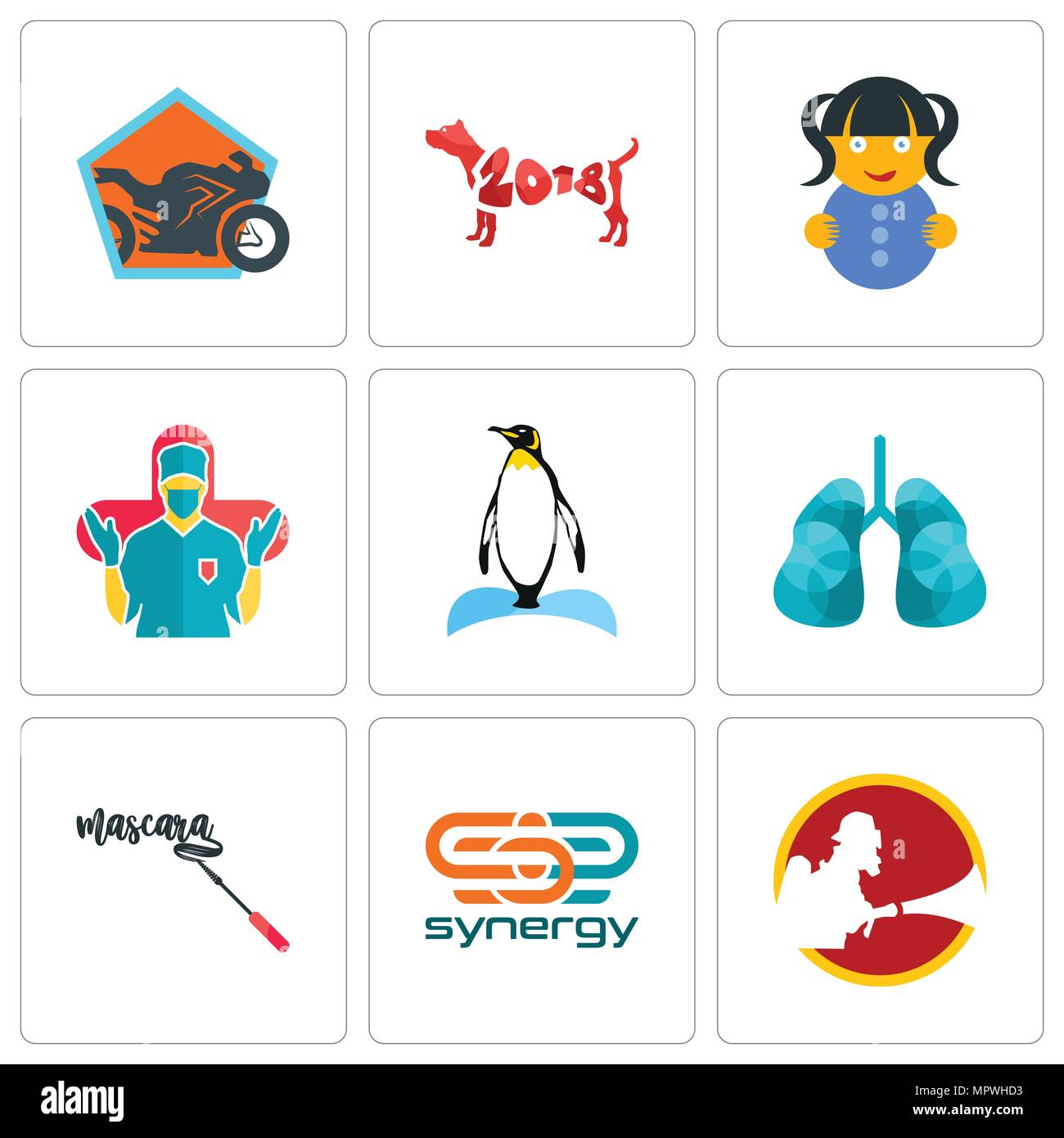 Ensemble de 9 icônes modifiable simple comme synergy, mascara, poumons, Penguin, chirurgien, doll, année du chien, moto shop, peut être utilisé pour le mobile, web Illustration de Vecteur