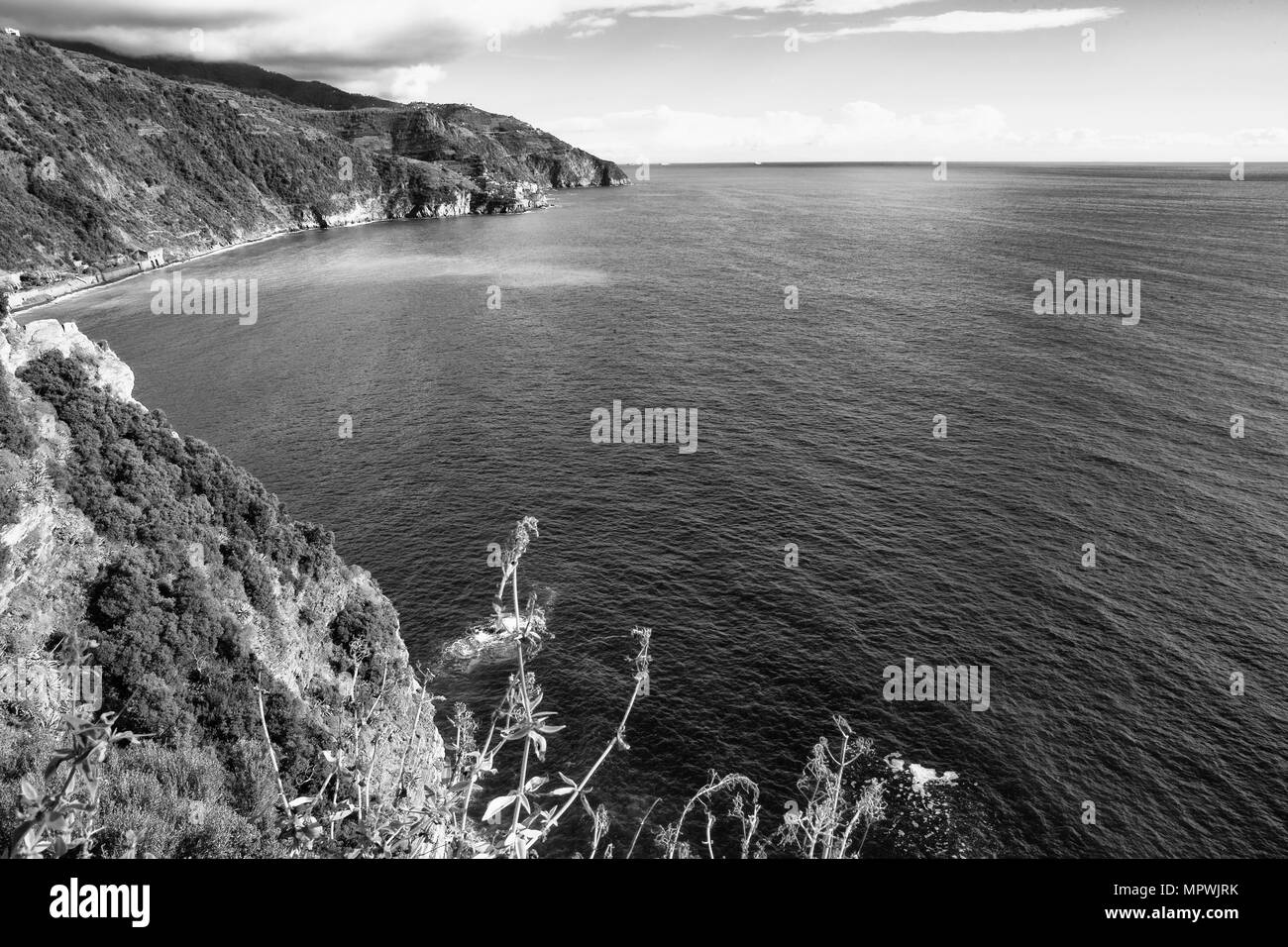 La côte des Cinque Terre de la Terrazza Santa Maria, Corniglia, Manarola, vers la Ligurie, Italie : version noir et blanc Banque D'Images