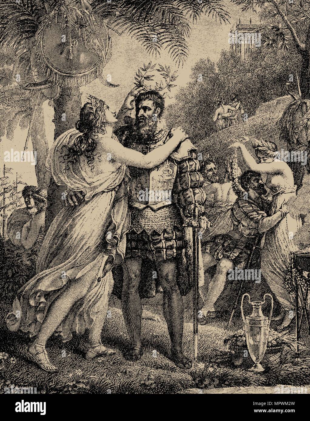 Vasco da Gama sur l'île de l'amour. L'illustration pour l'Lusiads par Luiz de Camoes, 1817. Banque D'Images