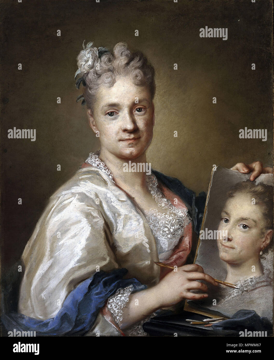 Self-portrait with sister's portrait, 1715. Banque D'Images