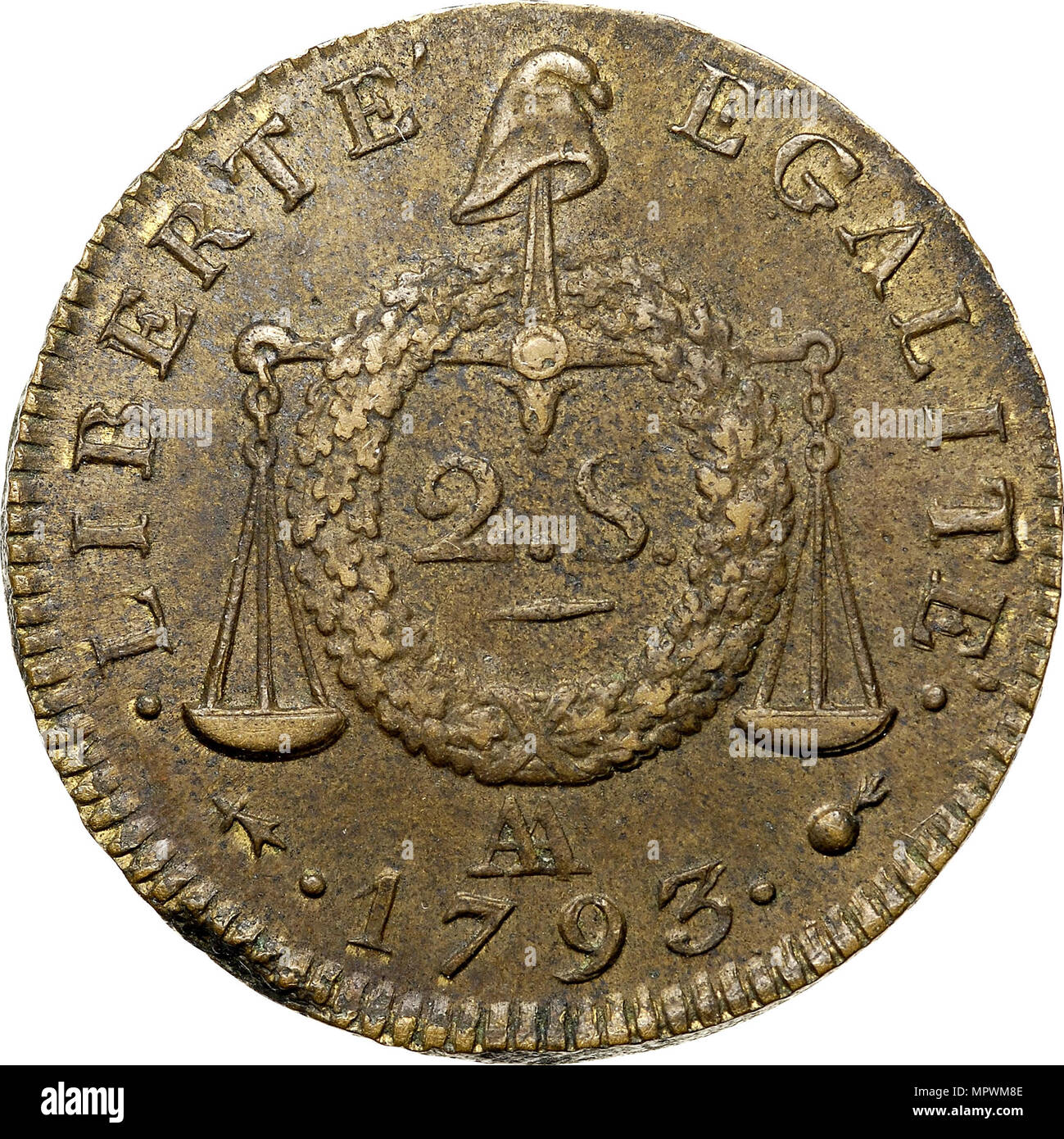 Pièce 2 sols. La période de la Convention nationale. Revers, Inscription : Liberté Égalité, 1793. Banque D'Images