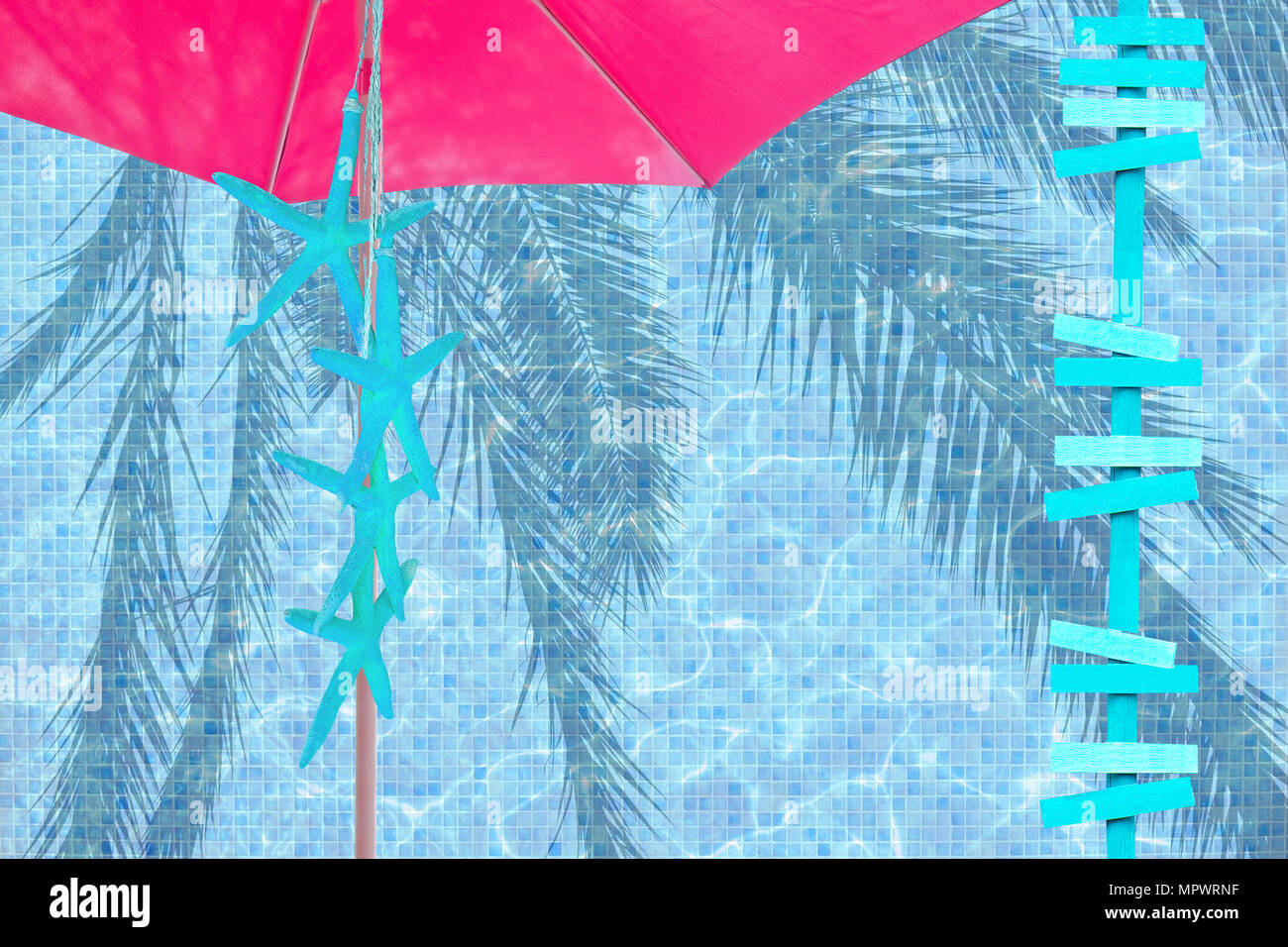 Parasol rose turquoise et d'étoiles de flèches de l'espace publicitaire de l'humeur d'été contexte thème Banque D'Images