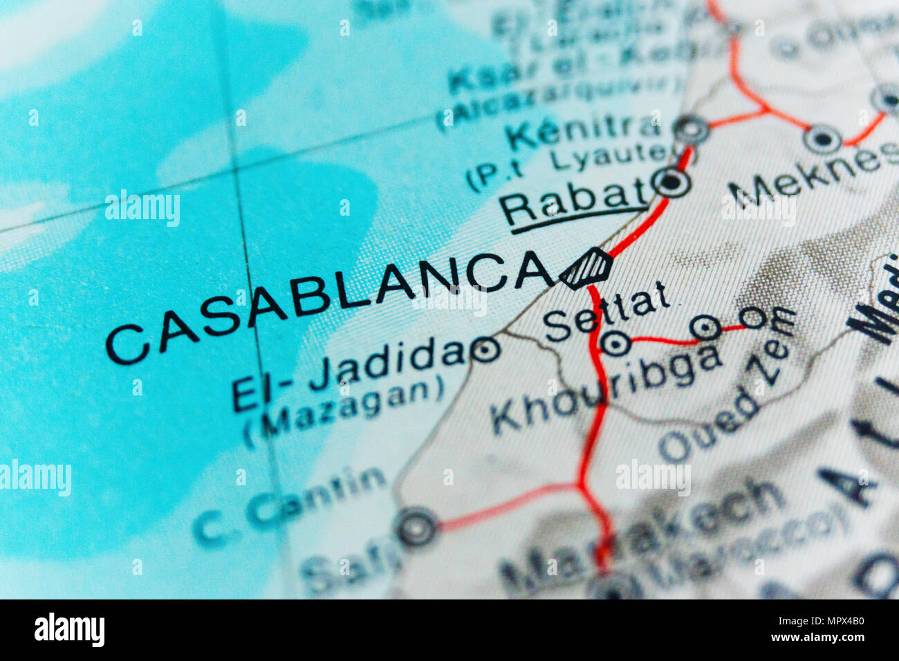 Carte de Casablanca. Un gros plan de Casablanca. Concept de voyage. Stock Photo. Banque D'Images