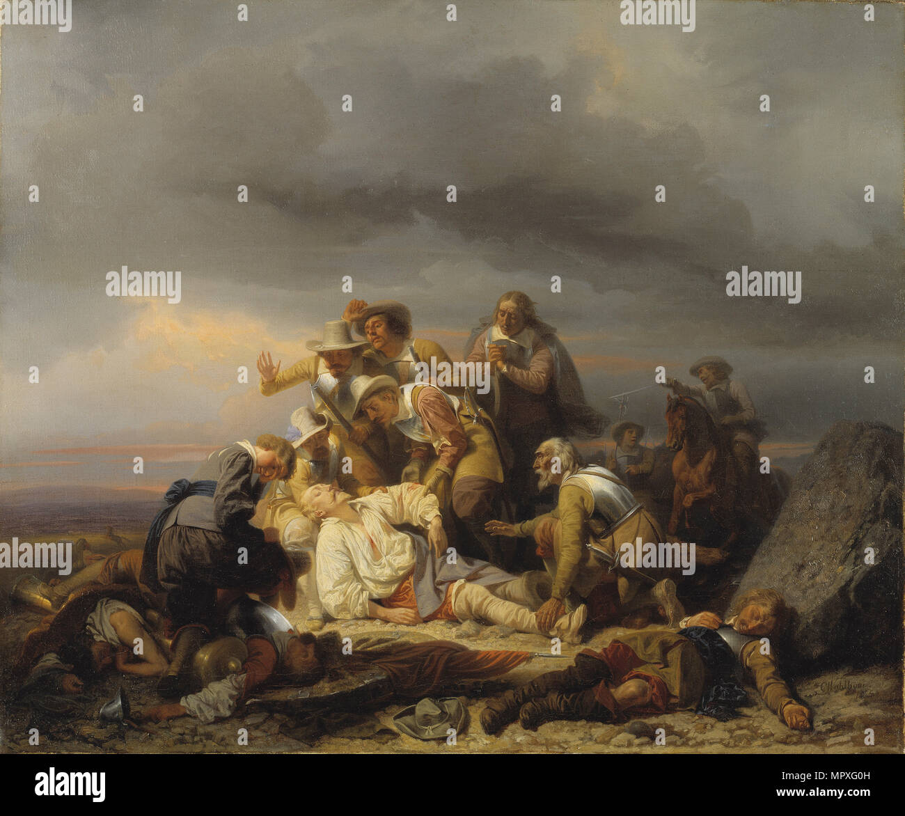 Trouver le corps du roi Gustave II Adolphe de Suède après la bataille de Lütze, 1855. Banque D'Images