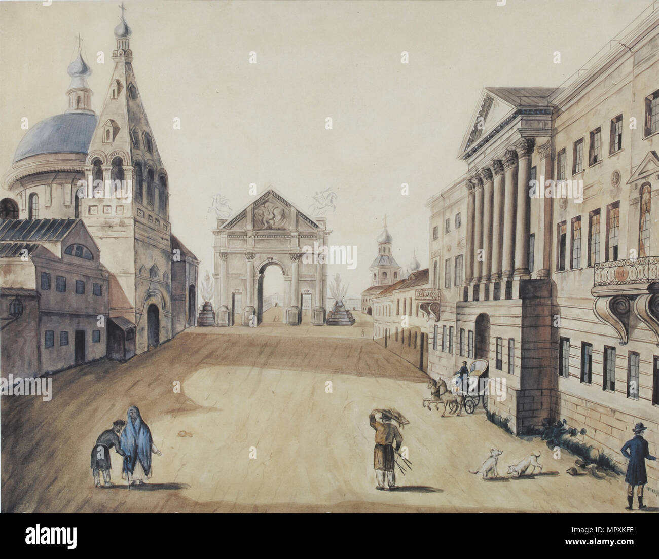 Vue de la place Strastnaya à Moscou, au début des années 1800. Banque D'Images