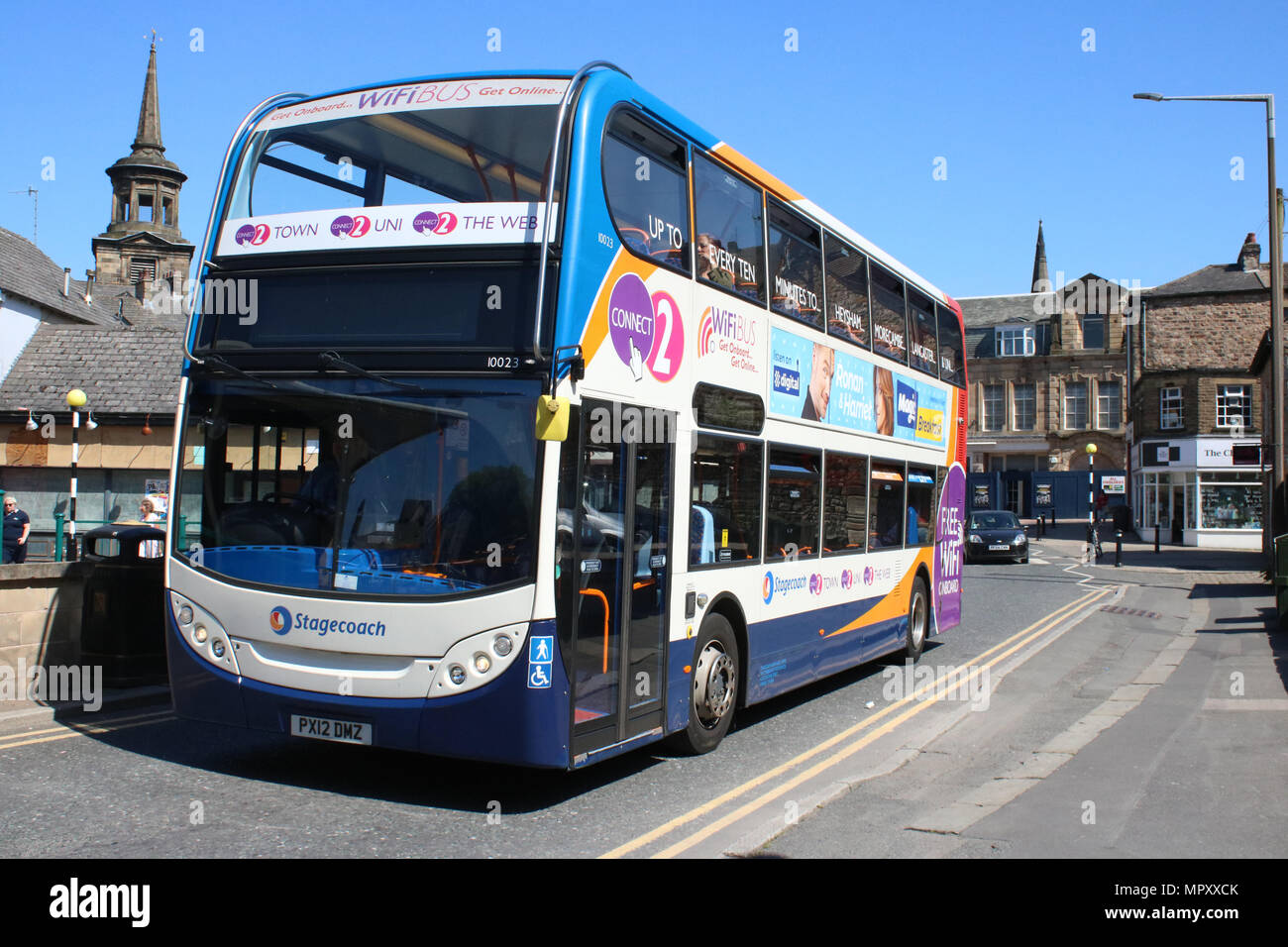 Double Deck bus Stagecoach sur Damside Street Lancaster sur le point d'entrer dans la gare routière de Lancaster le mercredi 23 mai 2018. Banque D'Images