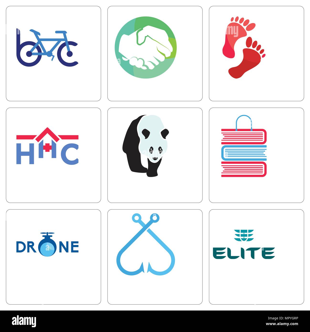 Ensemble de 9 icônes modifiable simple comme l'élite, crochet de pêche, Book Shop, home health care, imprimer des pieds, les mains tremblantes, le vélo club, peut être utilisé pour mob Illustration de Vecteur