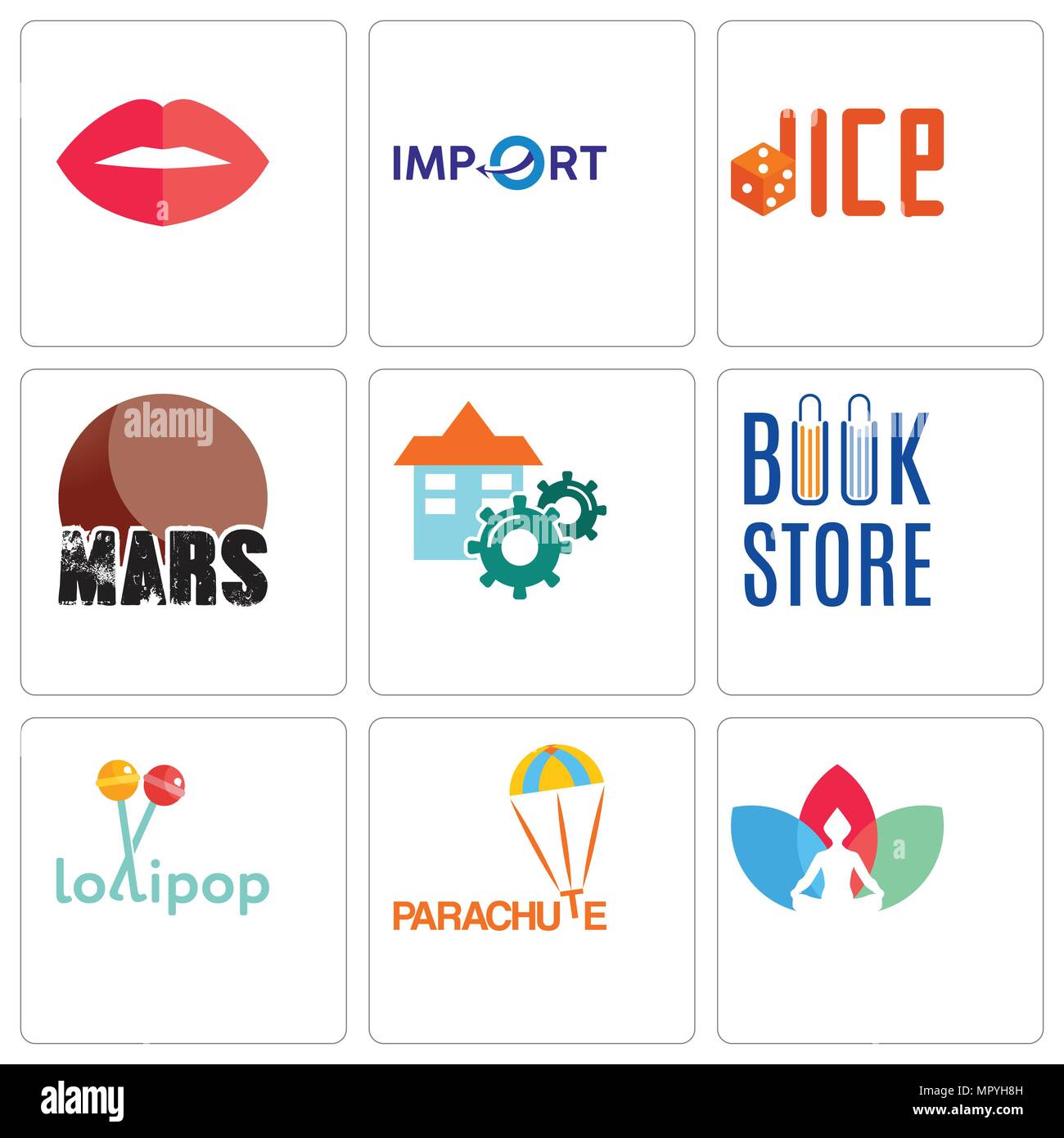 Ensemble de 9 icônes modifiable simple comme chakra, parachute, sucette, book store, l'installation, de mars, de dés, de l'importation, des lèvres, peut être utilisé pour le mobile, web Illustration de Vecteur