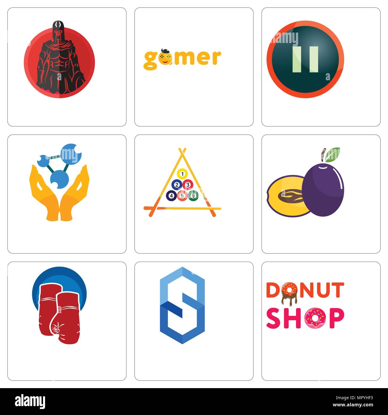 Ensemble de 9 icônes modifiable simple comme beignerie, s'hexagone, gants de boxe, de prune, de billard, chimiste, pause, gamer, Spartan, peut être utilisé pour le mobile, w Illustration de Vecteur