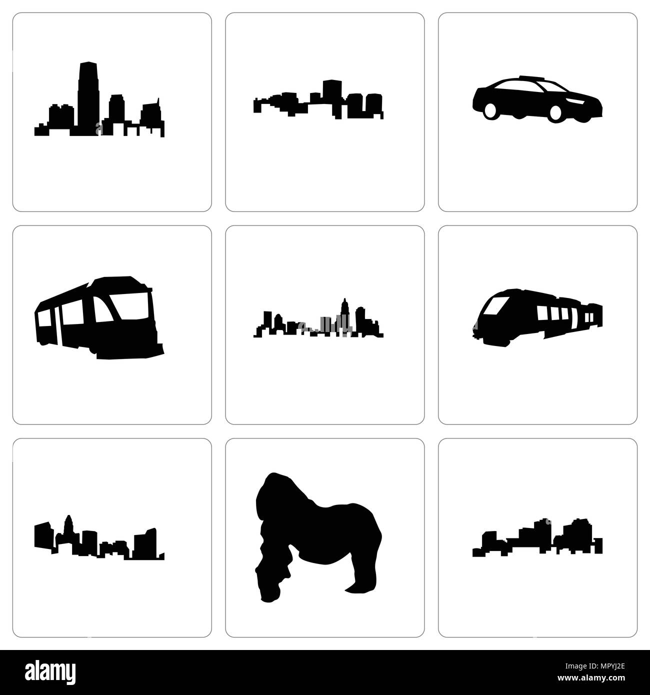 Ensemble de 9 icônes modifiable simple comme la Louisiane, le gorille, North Carolina State, train, voiture de police, en Virginie, dans le new jersey, peut être utilisé pour le mobile, web Illustration de Vecteur