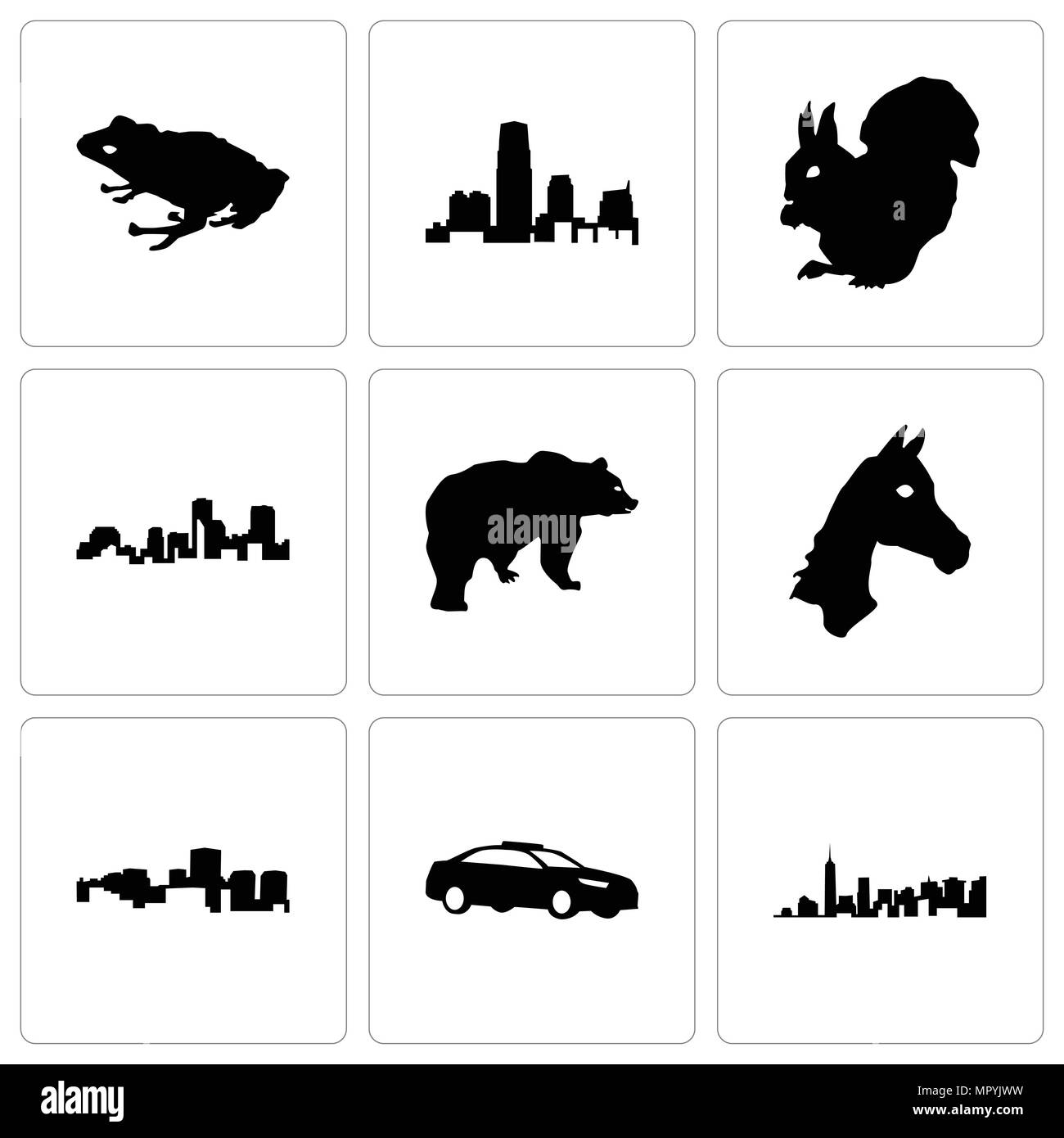 Ensemble de 9 icônes modifiable simple comme voiture de police, l'état de Virginie, visage, ours, Louisiane, New Jersey, grenouille, peut être utilisé pour le mobile, web Illustration de Vecteur