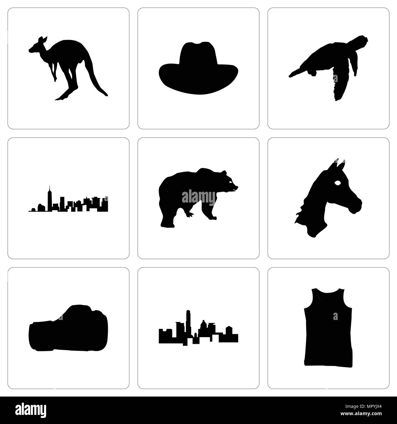 Ensemble de 9 icônes modifiable simple comme débardeur, état du Texas, gant de boxe, face à cheval, ours, tortues de mer, chapeau de cowboy, kangourou, peut être utilisé pour mob Illustration de Vecteur