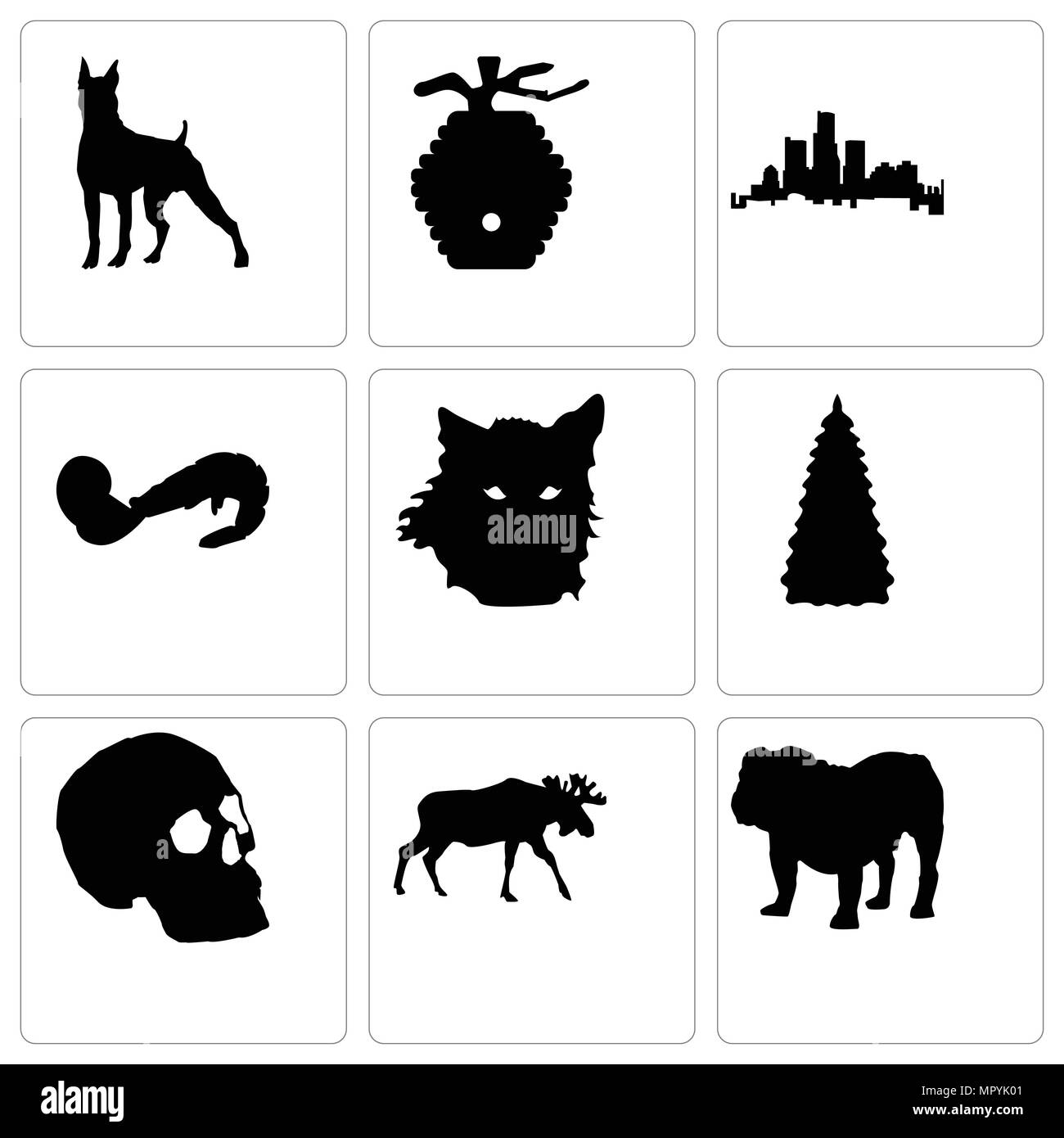 Ensemble de 9 icônes modifiable simple comme le bulldog, l'orignal, du crâne, arbre de Noël, le loup visage, crevettes, Michigan State, le Beehive, boxeur, peut être utilisé pour mobil Illustration de Vecteur